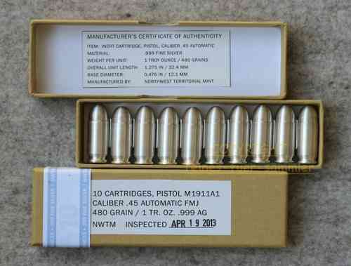 10 x PATRONEN Cal .45 ACP - 10 Bullets - Silber .999